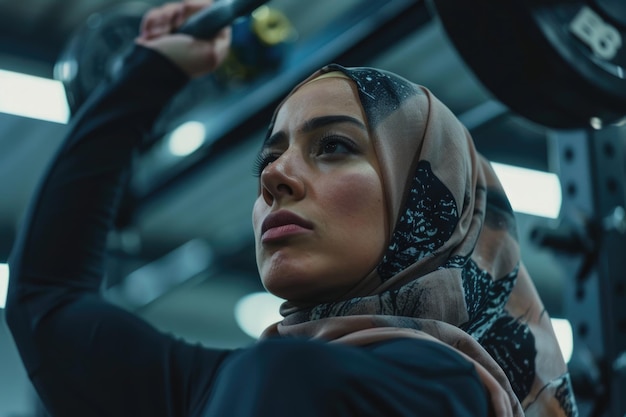 Vista ad angolo basso di una donna musulmana che indossa un hijab che solleva un manubrio durante un allenamento in palestra