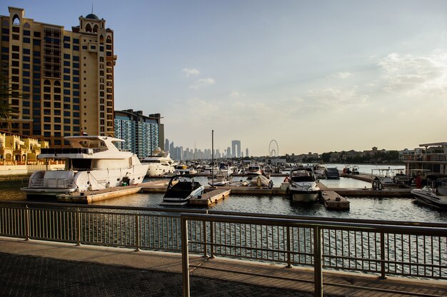 Vista aerea a Dubai Palm Island. Paesaggio di ville e yacht.