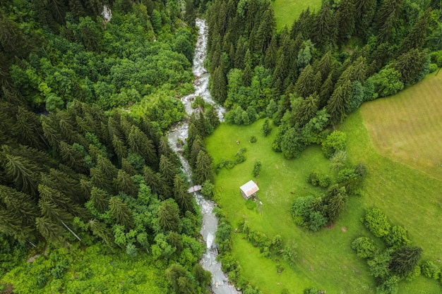 Vista aerea a volo d'uccello che mostra le epiche cascate di Krimml circondate da grandi alberi forestali nelle montagne