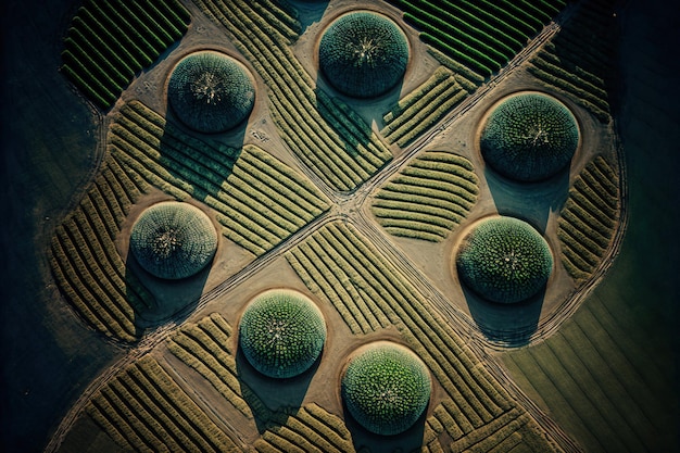 Vista aerea da bassa quota di un raccolto di patate in un campo irrigato nelle zone rurali della Gran Bretagna