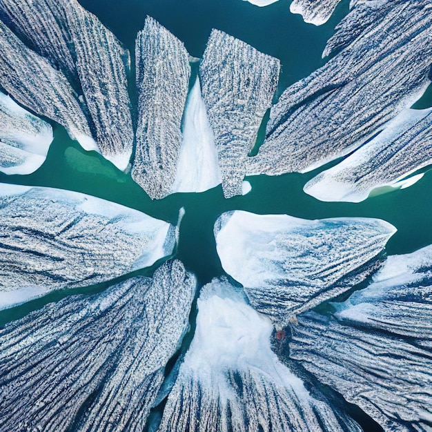 Vista aerea dall'alto del lago ghiacciato tra lo sfondo della natura astratta del paesaggio invernale della neve