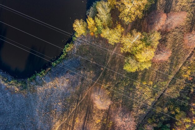 Vista aerea dall'alto della costa del fiume con alberi autunnali attraversati dalla linea elettrica Dubna Russia