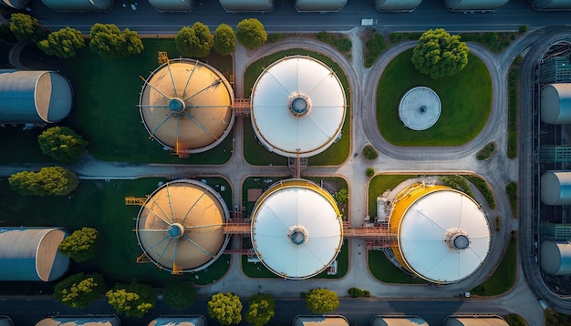 Vista aerea dall'alto della raffineria di petrolio del serbatoio di stoccaggio del combustibile petrolifero della stazione di fabbrica con AI generativa