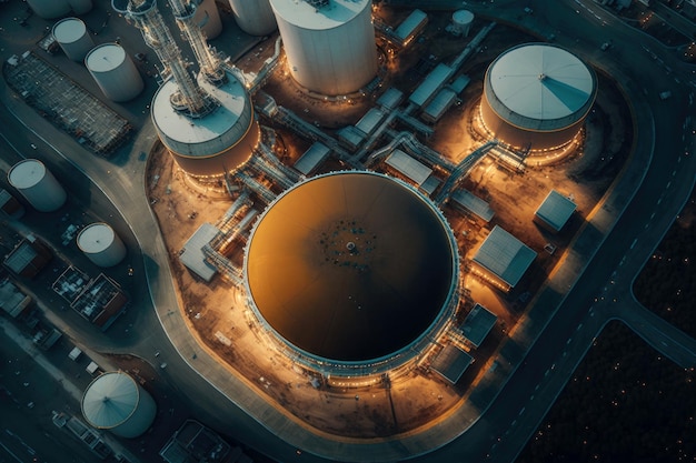 Vista aerea dall'alto della raffineria di petrolio del serbatoio di stoccaggio del combustibile petrolifero della stazione di fabbrica Generative AI