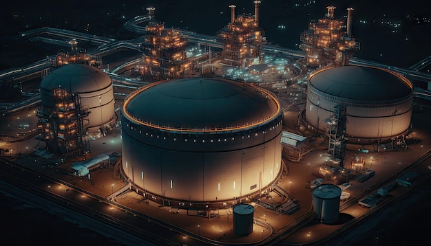 Vista aerea dall'alto della raffineria di petrolio del serbatoio di stoccaggio del combustibile petrolifero della stazione di fabbrica Generative AI