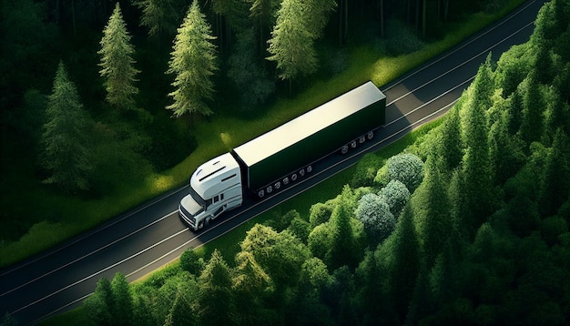 Vista aerea dall'alto di un enorme semirimorchio trasportatore di merci che viaggia su una strada autostradale Camion che guida su una strada asfaltata in un bosco verdeggiante IA generativa