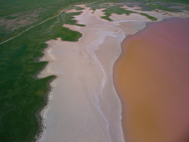 Vista aerea dall'alto di un lago salato rosa. Azov Ucraina