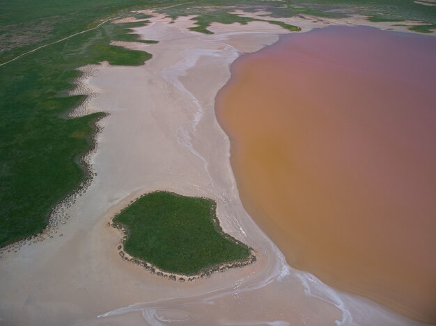 Vista aerea dall'alto di un lago salato rosa. Azov Ucraina