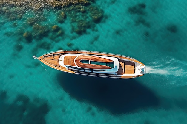 Vista aerea dall'alto di un lussuoso yacht a motore privato che naviga in mare