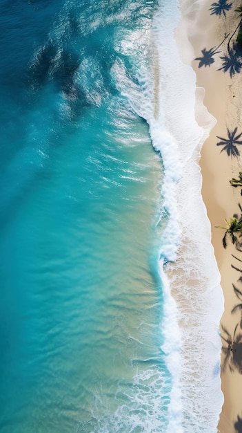Vista aerea dall'alto sulla spiaggia di sabbia dell'oceano con palme Concetto di paradiso per le vacanze estive Verticale