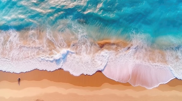 Vista aerea dall'alto verso il basso delle onde dell'oceano sulla spiaggia