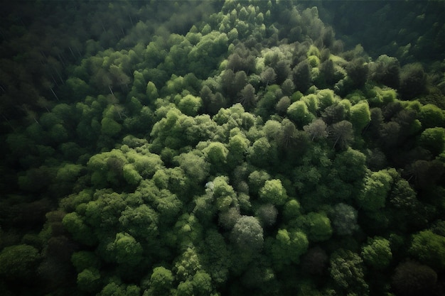 Vista aerea dall'alto verso il basso di una foresta verde vista drone sfondo verde naturale contenuto generato dall'intelligenza artificiale