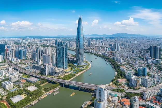 Vista aerea degli edifici Bitexco e IFC One Saigon Tower, delle strade Thu Thiem 2, del ponte e del fiume Saigon