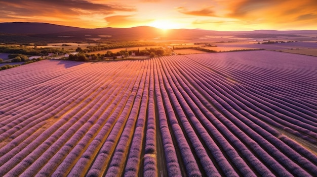 Vista aerea dei campi di lavanda in Francia all'alba Generate Ai