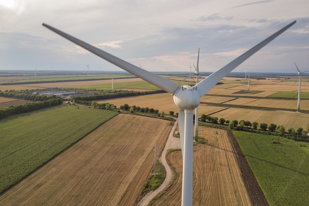 Vista aerea dei generatori eolici nel campo producendo elettricità ecologica pulita.