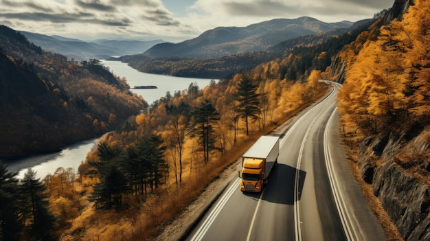 Vista aerea del camion sulla strada in autostrada autunnale