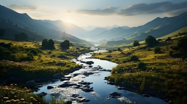 Vista aerea del campo di terra verde e del fiume con mattine nebbiose Vista verde al mattino con sunr