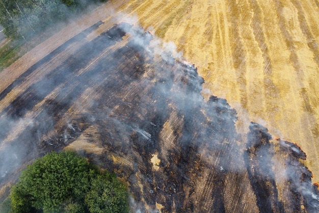 Vista aerea del campo in fiamme con fumo in terreni agricoli