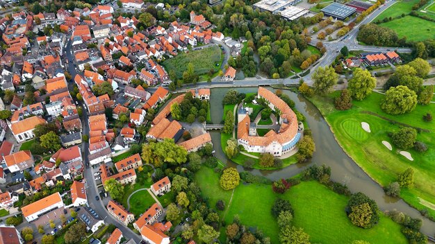 Vista aerea del castello d'acqua Wasserschloss burgsteinfurt Steinfurt Renania settentrionale-Westfalia Germania