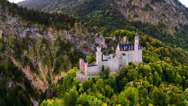 Vista aerea del castello di Neuschwanstein sulle Alpi Baviera Germania Europa Paesaggio autunnale