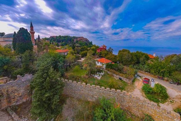 Vista aerea del castello e del mare di Alanya. foto aerea di sfondo