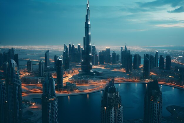 Vista aerea del centro di Dubai al tramonto, Emirati Arabi Uniti