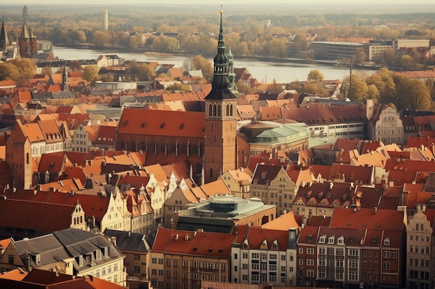 Vista aerea del centro di una vecchia città europea bellissimi tetti rossi vecchie case e una chiesa wrocla