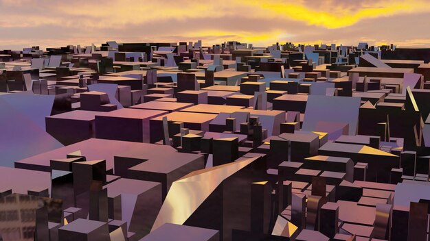 Vista aerea del colorato blocco di vetro della città nel rendering 3D dell'ora del tramonto