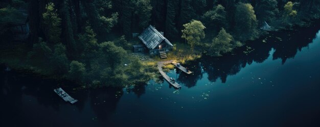 Vista aerea del cottage in legno nella foresta vicino al lago Ai generativa