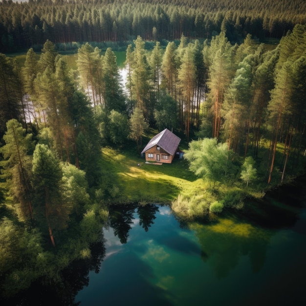 Vista aerea del cottage in legno nella verde pineta vicino al lago blu in estate rurale ai generativo