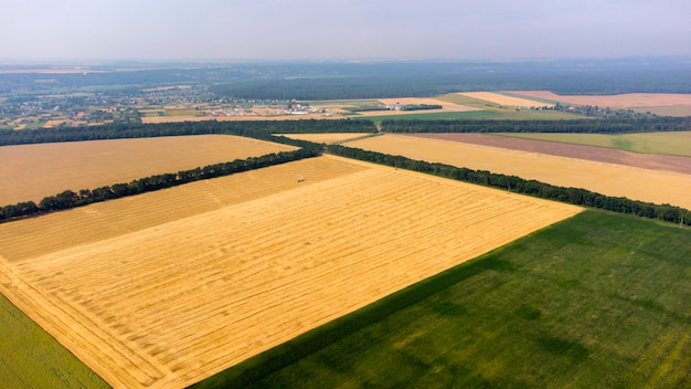 Vista aerea del drone del campo di grano dopo il raccolto con una mietitrebbiatrice che raccoglie paglia