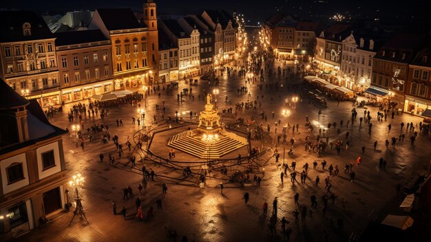 Vista aerea del drone della grande piazza di Sibiu di notte in Romania centro città vecchia decorato Aigenerato