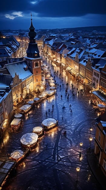 Vista aerea del drone della grande piazza di Sibiu di notte in Romania centro città vecchia decorato Aigenerato