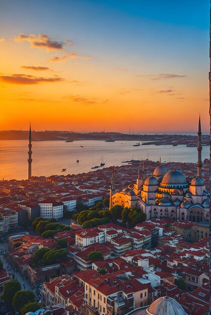 Vista aerea del drone di Istanbul al tramonto Turchia