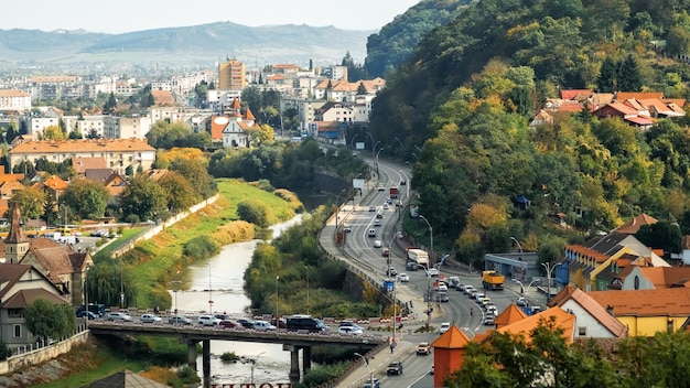 Vista aerea del drone di Sighisoara, Romania