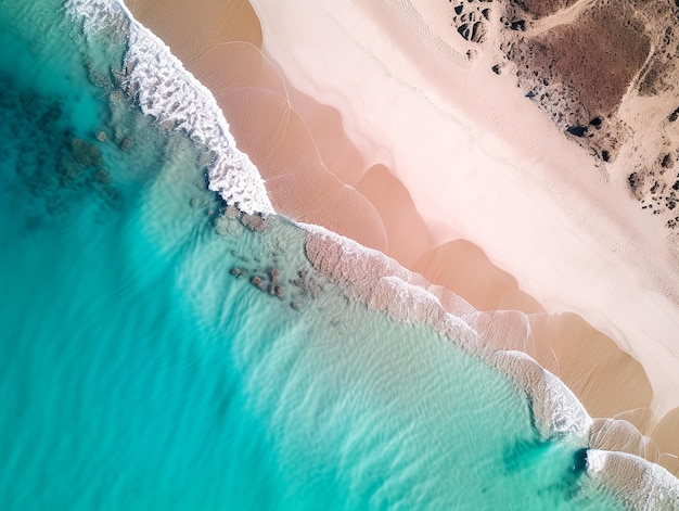 Vista aerea del drone di una spiaggia deserta con acque turchesi e onde morbide che raggiungono il litorale