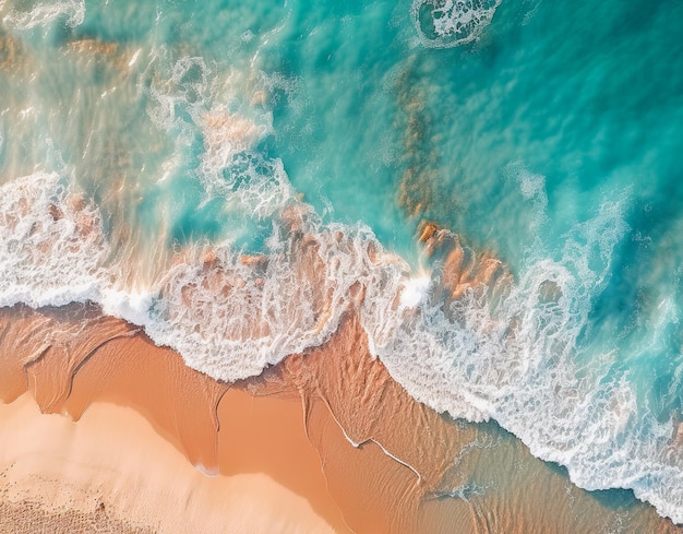 Vista aerea del drone di una spiaggia deserta con acque turchesi e onde morbide che raggiungono il litorale
