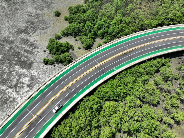 Vista aerea del drone strada curva con foresta di mangrovie verde e spiaggia fangosa Le mangrovie catturano CO2