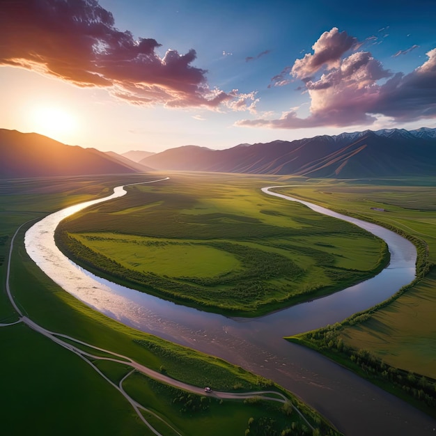 Vista aerea del fiume e delle montagne al tramonto bellissimo paesaggio estivo