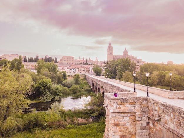 Vista aerea del fiume Tormes e dell'architettura di Salamanca con paesaggio della cattedrale Spagna Europa