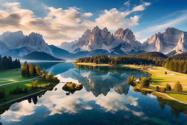 Vista aerea del lago Antorno Dolomiti Paesaggio montuoso del lago con la vetta delle Alpi Misurina Cortina diAmpezzo Italia Riflesso della famosa Tre Cime di Lavaredo