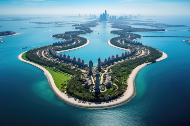 Vista aerea del lago Zhejiang Jinji a Suzhou, Cina Vista aerea dell'isola di Palm a Dubai generata dall'AI