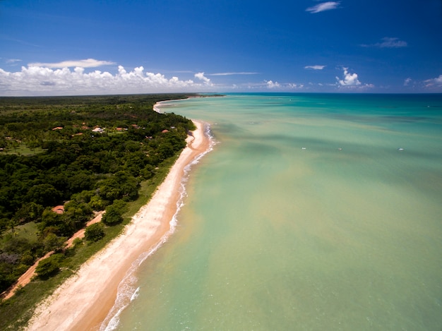 Vista aerea del mare verde in una spiaggia brasiliana costa in una giornata di sole in Cumuruxatiba,