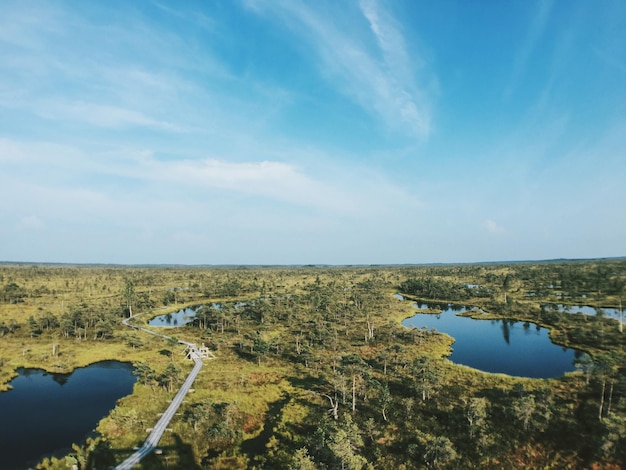 Vista aerea del paesaggio con lago e alberi contro il cielo