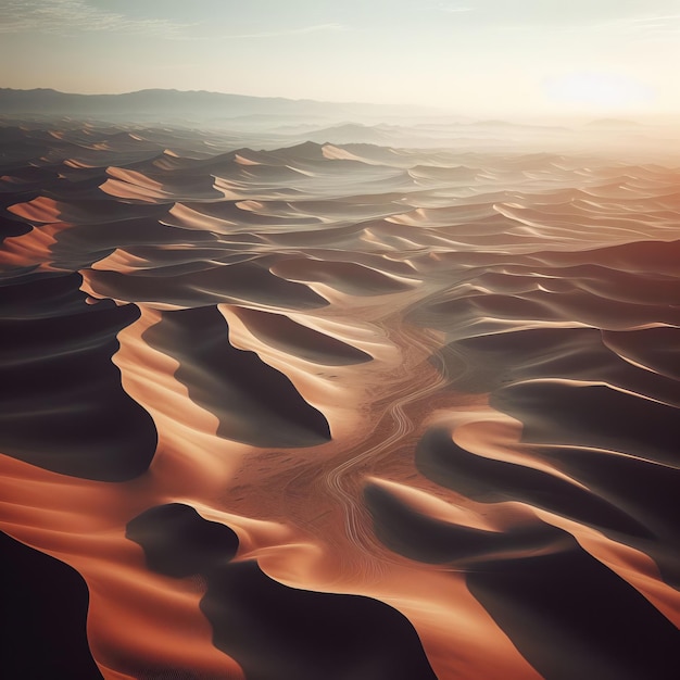 Vista aerea del paesaggio desertico con dune di sabbia e montagne all'alba