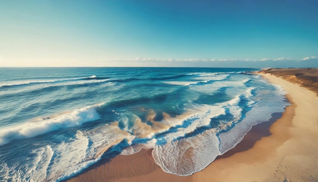 Vista aerea del paesaggio marino Acqua blu dell'oceano con onde Bella spiaggia sabbiosa Scatto di drone