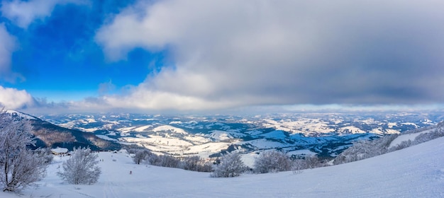 Vista aerea del paesaggio mistico di una foresta di montagna invernale in una giornata gelida e nuvolosa. Il concetto della dura bellezza dei paesi nordici. Copyspace