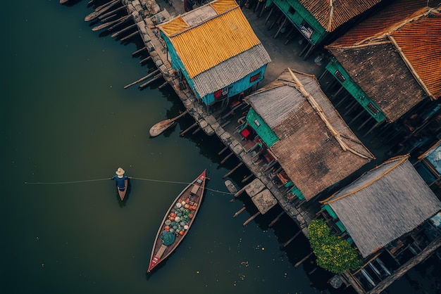 Vista aerea del pescatore che lavora nel villaggio di pescatori vicino a un'antica città, mondo Unesco