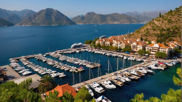 Vista aerea del porto turistico con yacht nella baia tropicale