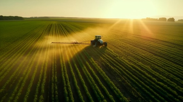 Vista aerea del trattore che spruzza pesticidi sulla piantagione di soia verde al tramonto Generative AI